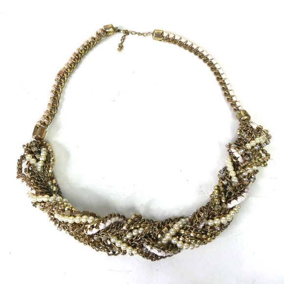 Mixed Material Braided Woven Bib Statement Necklace Fabric Pearl Rhinestones - Picture 1 of 10